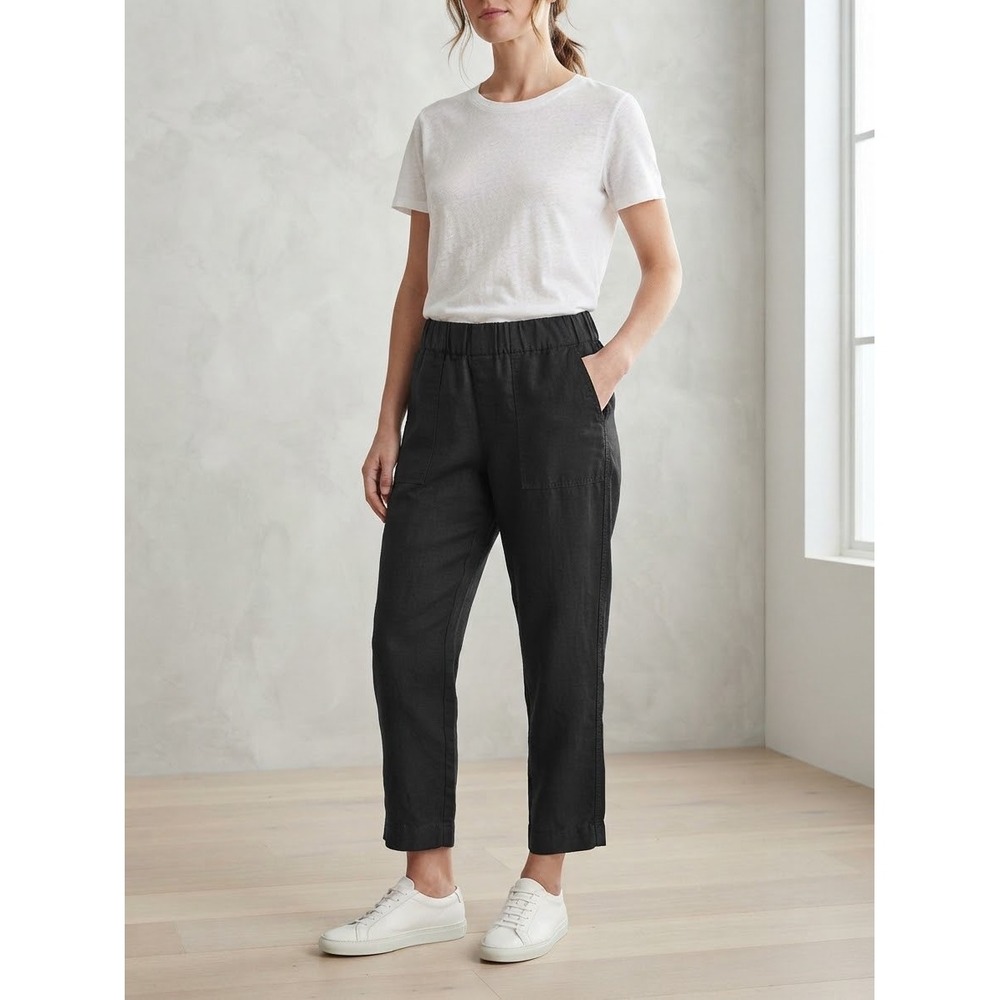 James Perse Mixed Media Pull On Pant Black Linen Blend Cropped Tapered Size L